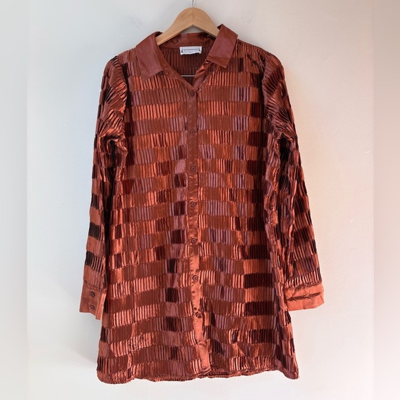 Rust Satin Pleated Shirt Dress (Missing Belt) - Picture 11 of 11